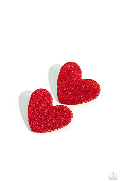 SPARKLY SWEETHEARTS - RED ACRYLIC SPARKLY HEART POST EARRINGS - PAPARAZZI