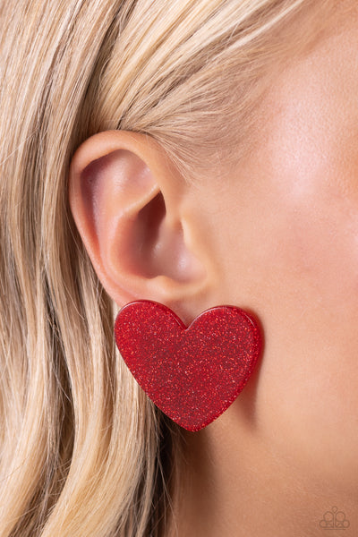 SPARKLY SWEETHEARTS - RED ACRYLIC SPARKLY HEART POST EARRINGS - PAPARAZZI