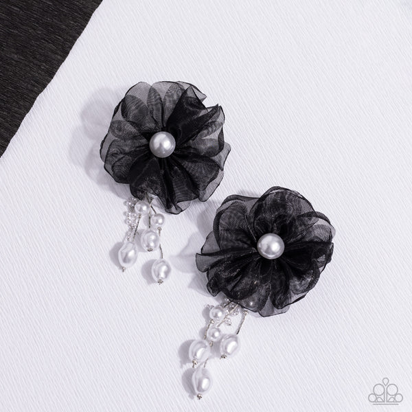 DRIPPING IN DECADENCE - BLACK FABRIC FLOWER WHITE PEARL POST EARRINGS - PAPARAZZI - LIFE OF THE PARTY SEPTEMBER 2023