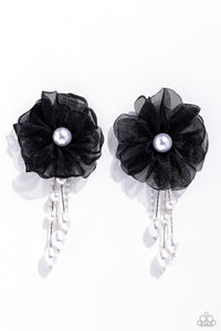 DRIPPING IN DECADENCE - BLACK FABRIC FLOWER WHITE PEARL POST EARRINGS - PAPARAZZI - LIFE OF THE PARTY SEPTEMBER 2023