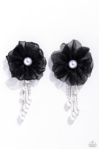 DRIPPING IN DECADENCE - BLACK FABRIC FLOWER WHITE PEARL POST EARRINGS - PAPARAZZI - LIFE OF THE PARTY SEPTEMBER 2023