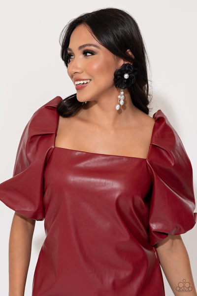 DRIPPING IN DECADENCE - BLACK FABRIC FLOWER WHITE PEARL POST EARRINGS - PAPARAZZI - LIFE OF THE PARTY SEPTEMBER 2023