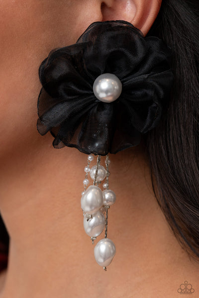 DRIPPING IN DECADENCE - BLACK FABRIC FLOWER WHITE PEARL POST EARRINGS - PAPARAZZI - LIFE OF THE PARTY SEPTEMBER 2023