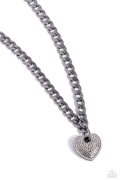 ARDENT AFFECTION - BLACK RHINESTONE HEART SILVER CHUNKY CHAIN SHORT NECKLACE - PAPARAZZI -