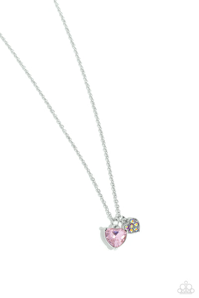 DEVOTED DELICACY - PINK GEM IRIDESCENT HEART SILVER SHORT NECKLACE - PAPARAZZI