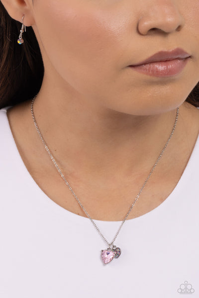 DEVOTED DELICACY - PINK GEM IRIDESCENT HEART SILVER SHORT NECKLACE - PAPARAZZI