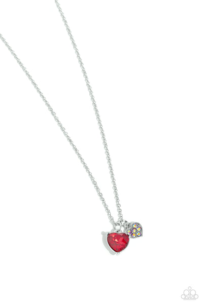 DEVOTED DELICACY - RED GEM AND IRIDESCENT HEART SILVER SHORT NECKLACE - PAPARAZZI