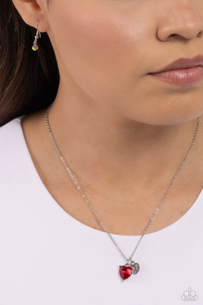 DEVOTED DELICACY - RED GEM AND IRIDESCENT HEART SILVER SHORT NECKLACE - PAPARAZZI