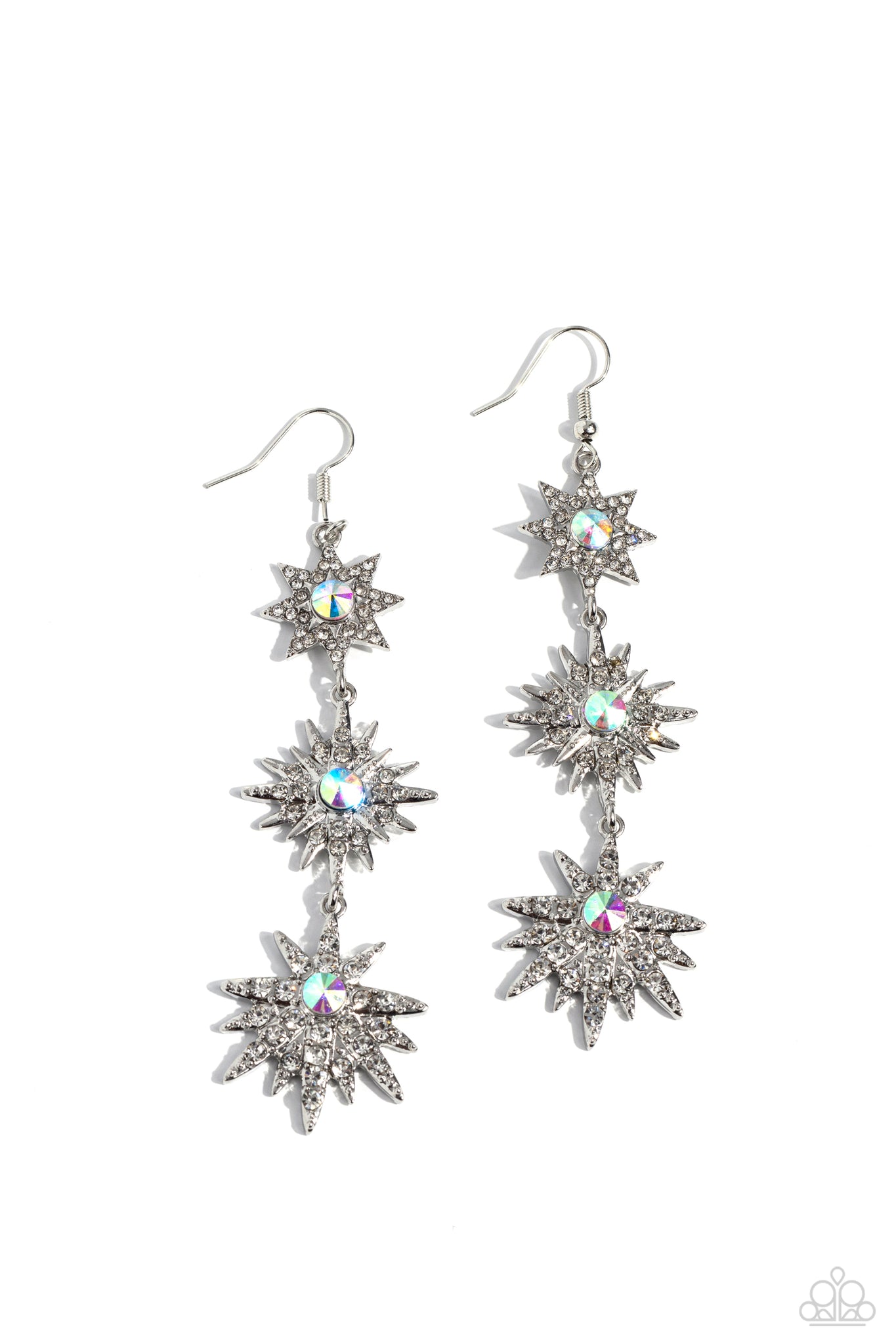 STELLAR SERIES - WHITE AND IRIDESCENT RHINESTONE SILVER STAR EARRINGS - PAPARAZZI