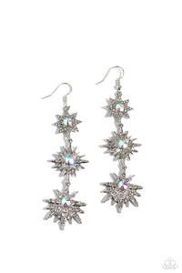 STELLAR SERIES - WHITE AND IRIDESCENT RHINESTONE SILVER STAR EARRINGS - PAPARAZZI