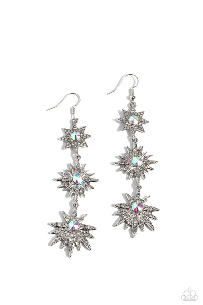 STELLAR SERIES - WHITE AND IRIDESCENT RHINESTONE SILVER STAR EARRINGS - PAPARAZZI