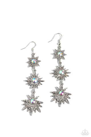 STELLAR SERIES - WHITE AND IRIDESCENT RHINESTONE SILVER STAR EARRINGS - PAPARAZZI