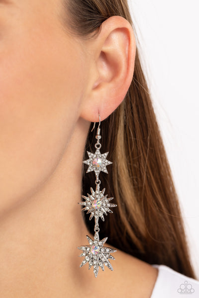 STELLAR SERIES - WHITE AND IRIDESCENT RHINESTONE SILVER STAR EARRINGS - PAPARAZZI