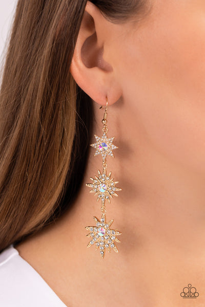 STELLAR SERIES - GOLD IRIDESCENT RHINESTONE STAR EARRINGS - PAPARAZZI
