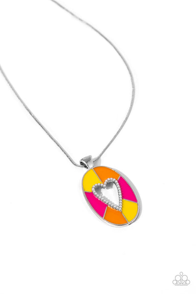 AIRY AFFECTION - MULTI PINK ORANGE YELLOW HEART SILVER SHORT NECKLACE - PAPARAZZI