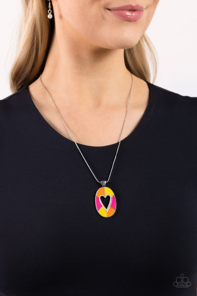 AIRY AFFECTION - MULTI PINK ORANGE YELLOW HEART SILVER SHORT NECKLACE - PAPARAZZI