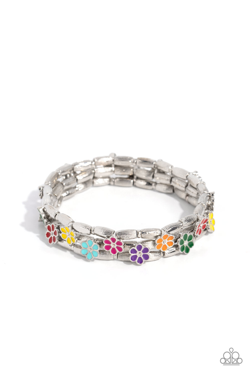 SCATTERED SPRINGTIME - MULTI COLOR FLOWER SILVER STRETCHY BRACELET - PAPARAZZI