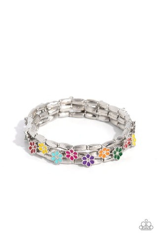 SCATTERED SPRINGTIME - MULTI COLOR FLOWER SILVER STRETCHY BRACELET - PAPARAZZI