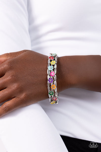 SCATTERED SPRINGTIME - MULTI COLOR FLOWER SILVER STRETCHY BRACELET - PAPARAZZI