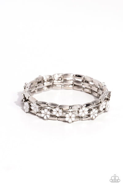 SCATTERED SPRINGTIME - WHITE FLOWER SILVER STRETCHY BRACELET - PAPARAZZI
