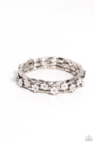 SCATTERED SPRINGTIME - WHITE FLOWER SILVER STRETCHY BRACELET - PAPARAZZI