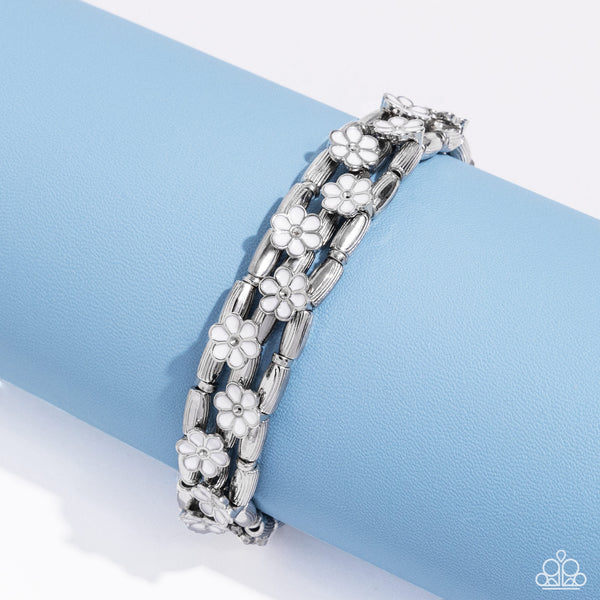 SCATTERED SPRINGTIME - WHITE FLOWER SILVER STRETCHY BRACELET - PAPARAZZI