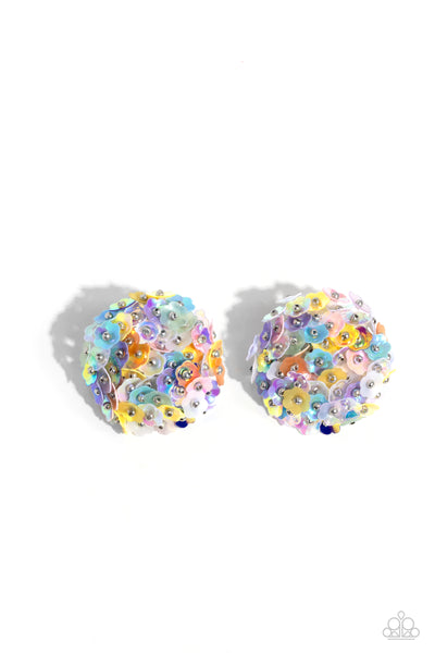 CORSAGE CHARACTER - MULTI COLOR IRIDESCENT FLOWER POST EARRINGS - PAPARAZZI