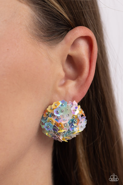 CORSAGE CHARACTER - MULTI COLOR IRIDESCENT FLOWER POST EARRINGS - PAPARAZZI