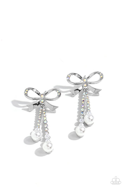 BODACIOUS BOW - MULTI IRIDESCENT RHINEDTONE WHITE PEARL SILVER BOW POST EARRINGS - PAPARAZZI