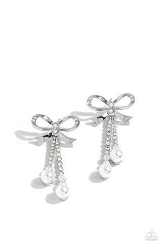 BODACIOUS BOW - MULTI IRIDESCENT RHINEDTONE WHITE PEARL SILVER BOW POST EARRINGS - PAPARAZZI