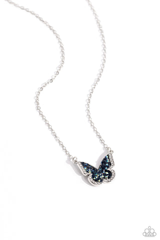 SEIZE THE SMOLDER - BLUE RHINESTONE SILVER BUTTERFLY SHORT NECKLACE - PAPARAZZI