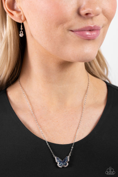SEIZE THE SMOLDER - BLUE RHINESTONE SILVER BUTTERFLY SHORT NECKLACE - PAPARAZZI