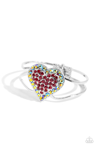 FLIRTATIOUS FINALE - RED AND IRIDESCENT RHINESTONE HEART SILVER HINGED BRACELET - PAPARAZZI