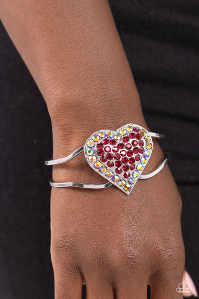 FLIRTATIOUS FINALE - RED AND IRIDESCENT RHINESTONE HEART SILVER HINGED BRACELET - PAPARAZZI