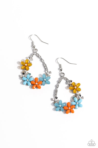 BOISTEROUS BLOOMS - MULTI YELLOW BLUE AND ORANGE FLOWER SILVER EARRINGS - PAPARAZZI
