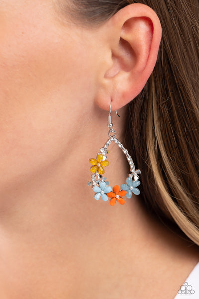 BOISTEROUS BLOOMS - MULTI YELLOW BLUE AND ORANGE FLOWER SILVER EARRINGS - PAPARAZZI