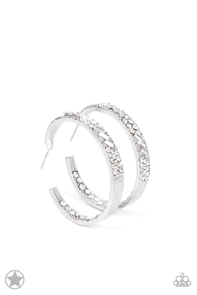 GLITZY BY ASSOCIATION - WHITE RHINESTONE SILVER HOOP BLOCKBUSTER EARRINGS - PAPARAZZI