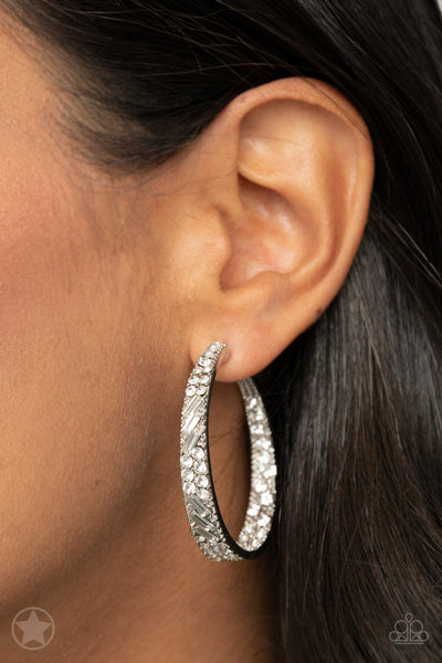 GLITZY BY ASSOCIATION - WHITE RHINESTONE SILVER HOOP BLOCKBUSTER EARRINGS - PAPARAZZI