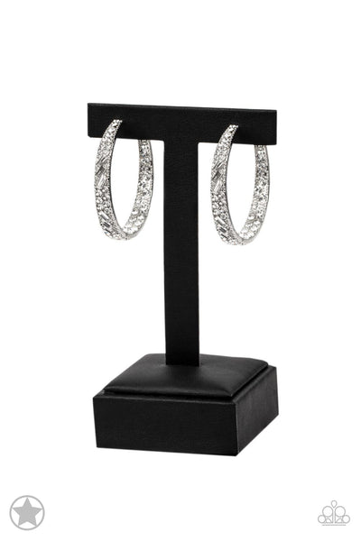 GLITZY BY ASSOCIATION - WHITE RHINESTONE SILVER HOOP BLOCKBUSTER EARRINGS - PAPARAZZI