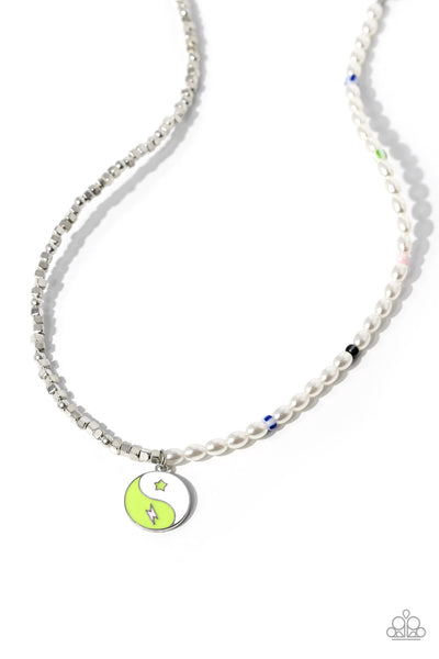 YOUTHFUL YIN AND YANG - GREEN CHARM WHITE PEARL SILVER SHORT NECKLACE - PAPARAZZ