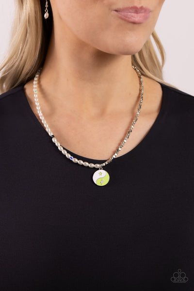 YOUTHFUL YIN AND YANG - GREEN CHARM WHITE PEARL SILVER SHORT NECKLACE - PAPARAZZ