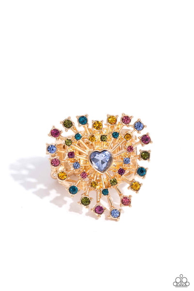 BEWITCHING BEAU - MULTI COLOR RHINESTONE GOLD HEART RING - PAPARAZZI - LIFE OF THE PARTY JANUARY 2024