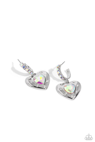 WE ARE YOUNG - WHITE AND IRIDESCENT RHINESTONE SILVER HEART TINY HOOP EARRINGS - PAPARAZZI