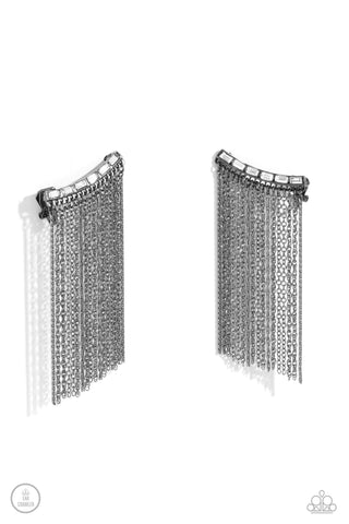 FEUDING FRINGE - BLACK GUNMETAL FRINGE EAR CRAWLER EARRINGS - PAPARAZZI