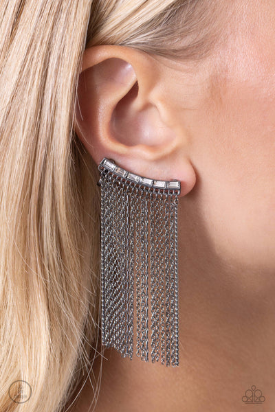 FEUDING FRINGE - BLACK GUNMETAL FRINGE EAR CRAWLER EARRINGS - PAPARAZZI