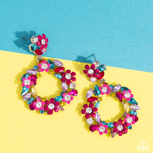 WREATHED IN WILDFLOWERS - MULTI COLOR GEM PINK FLOWER POST EARRINGS - PAPARAZZI - LIFE OF THE PARTY FEBRUARY 2024