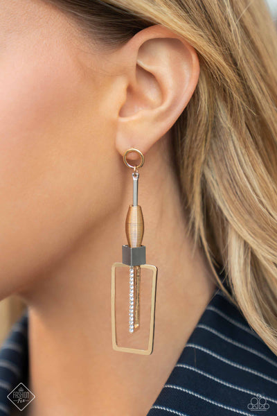 CLEAR THE SQUARE - GOLD RECTANGLE SILVER BAR WHITE RHINESTONE MIXED METAL POST EARRINGS - PAPARAZZI - FASHION FIX FEBRUARY 2024