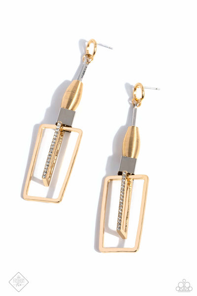 CLEAR THE SQUARE - GOLD RECTANGLE SILVER BAR WHITE RHINESTONE MIXED METAL POST EARRINGS - PAPARAZZI - FASHION FIX FEBRUARY 2024
