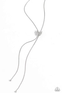 ADJUSTABLE ALLIANCE - WHITE RHINESTONE BUTTERFLY SILVER SLIDE BOLO LONG NECKLACE - PAPARAZZI
