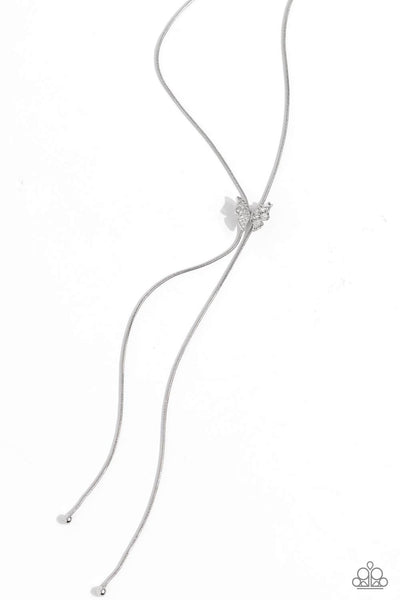 ADJUSTABLE ALLIANCE - WHITE RHINESTONE BUTTERFLY SILVER SLIDE BOLO LONG NECKLACE - PAPARAZZI